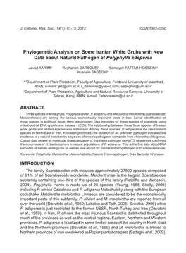 Phylogenetic Analysis on Some Iranian White Grubs with New Data About Natural Pathogen of Polyphylla Adspersa