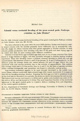 Colonial Versus Territorial Breeding of the Great Crested Grebe Podiceps Cristatus on Fe Lake Drużno*