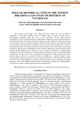 ROLE of HISTORICAL CITIES in the TOURIST BREADING (CASE STUDY of REPUBLIC of TATARSTAN) Niyaz K