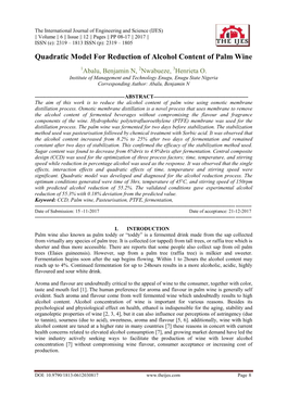 Quadratic Model for Reduction of Alcohol Content of Palm Wine