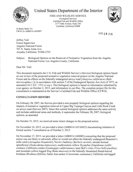 United States Department of the Interior FISH and WILDLIFE SERVICE Ecological Services Carlsbad Fish and Wildlife Office 2177 Salk Avenue, Suite 250