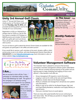 Volunteer News May 2018 Unity 3Rd Annual Golf Classic in This Issue: Page Unity’S 3Rd Annual Golf Classic and 2018 Direct Patient Care Competency Answers