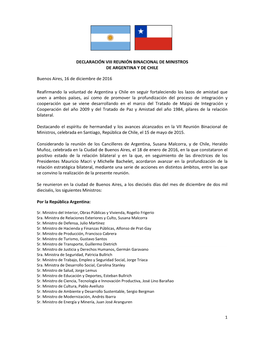 Declaración VIII Reunión Binacional De Ministros De Argentina Y Chile