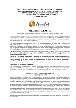Atlas Estates Limited Approved by Komisja Nadzoru Finansowego (The Polish Financial Supervision Authority) on 31 January 2008