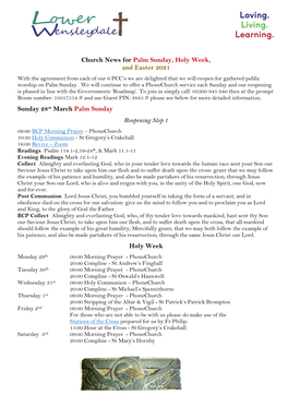Church News for Palm Sunday, Holy Week, and Easter 2021 Sunday 28Th March Palm Sunday Reopening Step 1 Holy Week