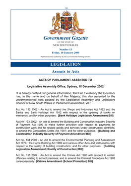 Government Gazette of the STATE of NEW SOUTH WALES Number 13 Friday, 10 January 2003 Published Under Authority by the Government Printing Service