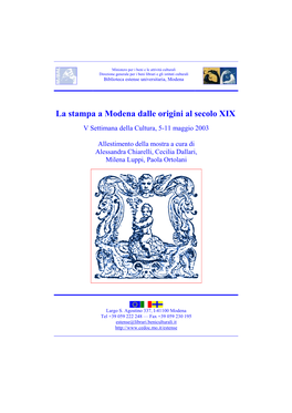 La Stampa a Modena Dalle Origini Al Secolo XIX