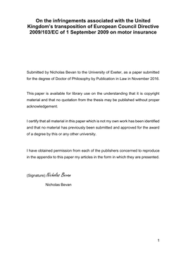 Nicholas Bevan to the University of Exeter, As a Paper Submitted for the Degree of Doctor of Philosophy by Publication in Law in November 2016