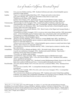 List of Southern California Terrestrial Isopods1