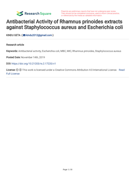 Antibacterial Activity of Rhamnus Prinoides Extracts Against Staphylococcus Aureus and Escherichia Coli