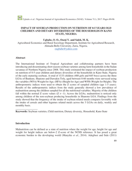 Impact of Soybean Production on Nutrition of 0-5 Years Old Children and Dietary Diversities of the Households in Kano State, Nigeria