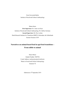 Narratives on Animal-Based Food in Agri-Food Transitions – from Edible to Animal