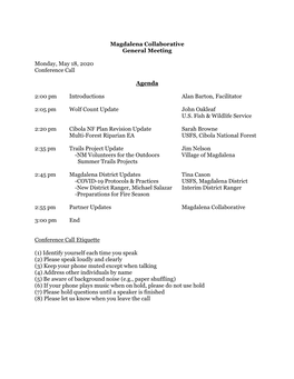 Magdalena Collaborative General Meeting Monday, May 18, 2020 Conference Call Agenda