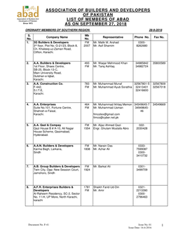 Association of Builders and Developers of Pakistan List of Members of Abad As on September 27, 2018