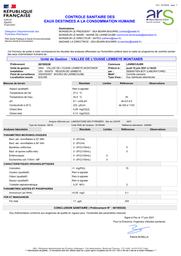 Controle Sanitaire Des Eaux Destinees a La Consommation Humaine