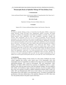 Metamorphic Rocks in Ophiolitic Mélange of Nain (Isfahan, Iran)