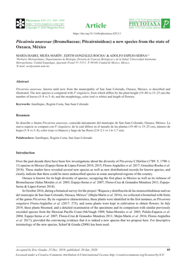 Pitcairnia Anarosae (Bromeliaceae; Pitcairnioideae) a New Species from the State of Oaxaca, México