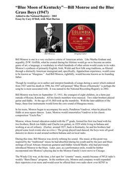 Blue Moon of Kentucky”—Bill Monroe and the Blue Grass Boys (1947) Added to the National Registry: 2002 Essay by Cary O’Dell, with Matt Barton