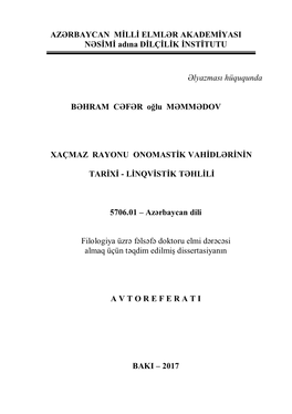 1 AZƏRBAYCAN MİLLİ ELMLƏR AKADEMİYASI NƏSİMİ Adına DİLÇİLİK İNSTİTUTU Əlyazması Hüququnda BƏHRAM CƏFƏR O