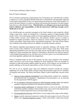 To the Justice and Home Affairs Council, Dear EU Interior Ministers, We Are Currently Experiencing a Humanitarian Crisis on Eu