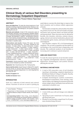 Clinical Study of Various Nail Disorders Presenting to Dermatology Outpatient Department 1Parul Garg, 2Anuj Kumar, 3Praveen K Rathore, 4Sapna Goyal