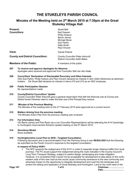 Minutes of the Meeting Held on 2Th March 2015 at 7:30Pm at the Great Stukeley Village Hall