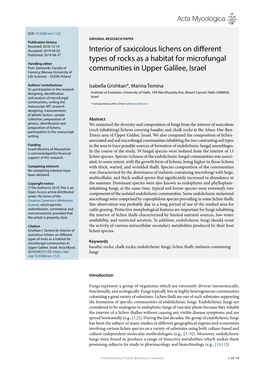 Interior of Saxicolous Lichens on Different Types of Rocks As a Habitat for Microfungal Communities in Upper Galilee, Israel