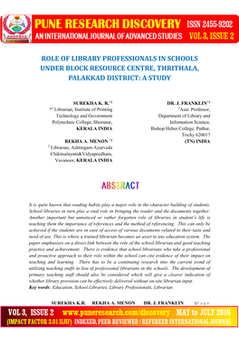 Role of Library Professionals in Schools Under Block Resource Centre, Thrithala, Palakkad District: a Study