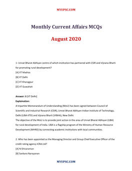 Monthly Current Affairs Mcqs August 2020