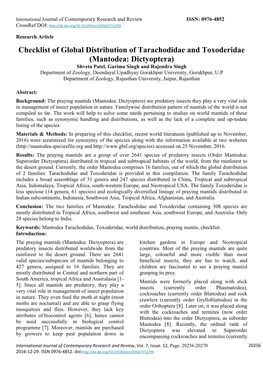 Checklist of Global Distribution of Tarachodidae and Toxoderidae