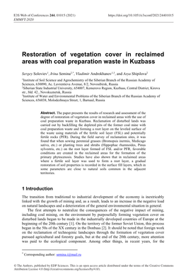 Restoration of Vegetation Cover in Reclaimed Areas with Coal Preparation Waste in Kuzbass