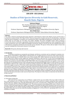 Studies of Fish Species Diversity in Gubi Reservoir, Bauchi State, Nigeria