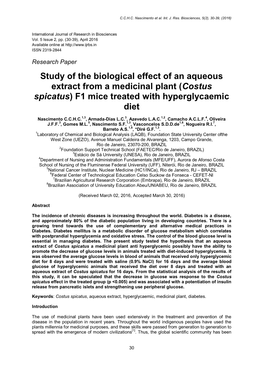 Costus Spicatus) F1 Mice Treated with Hyperglycaemic Diet