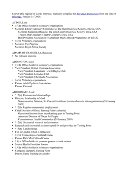 Search-Able Register of Lords' Interests, Manually Compiled for Buy Back Democracy from the Lists on This Page, January 31St 2009