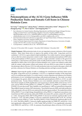 Polymorphisms of the ACSL1 Gene Influence Milk Production Traits and Somatic Cell Score in Chinese Holstein Cows