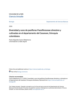 Diversidad Y Usos De Pasifloras Passifloraceae Silvestres Y Cultivadas En El Departamento Del Casanare, Orinoquía Colombiana