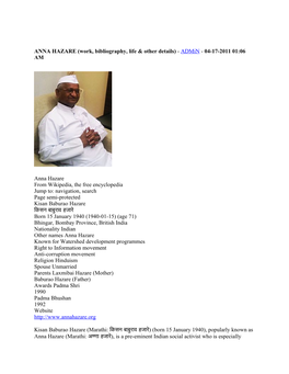 ANNA HAZARE (Work, Bibliography, Life & Other Details)