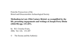 Methodism in Late 19Th-Century Bristol: As Exemplified by the Life, Preaching Engagements and Writings of Joseph Perry Distin (1844-98) (Pp