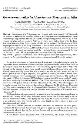 Genome Constitution for Musa Beccarii (Musaceae) Varieties 1Markku HÄKKINEN* 2Chee How TEO 3Yasmin Rofina OTHMAN 1(Botanic Garden, University of Helsinki, P