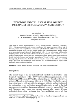 Tewodros and Tipu As Warrior Against Imperialist Britain: a Comparative Study
