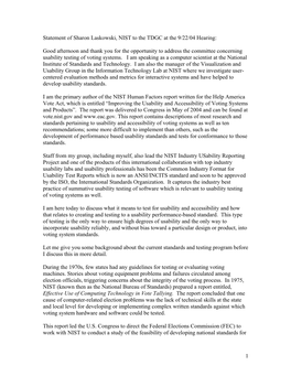 Statement of Sharon Laskowski, NIST to the TDGC at the 9/22/04 Hearing
