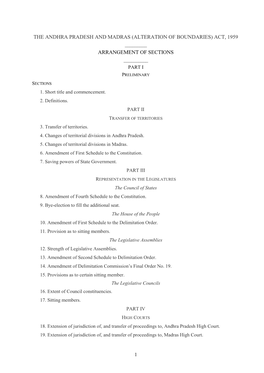 The Andhra Pradesh and Madras (Alteration of Boundaries) Act, 1959 ______Arrangement of Sections ______Part I Preliminary