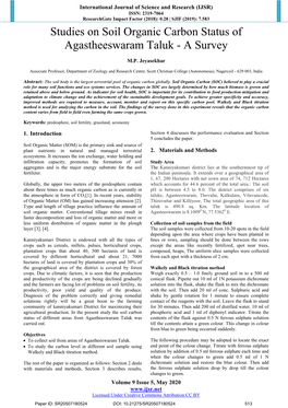 Studies on Soil Organic Carbon Status of Agastheeswaram Taluk - a Survey