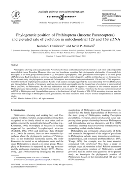 Phylogenetic Position of Phthiraptera (Insecta: Paraneoptera) and Elevated Rate of Evolution in Mitochondrial 12S and 16S Rdna