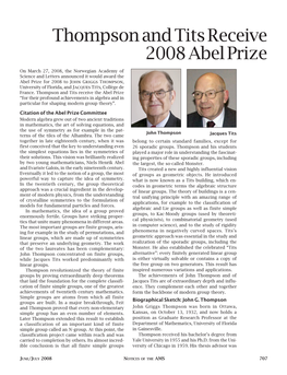 Thompson and Tits Receive 2008 Abel Prize