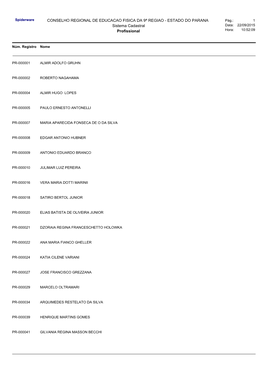 CONSELHO REGIONAL DE EDUCACAO FISICA DA 9ª REGIAO - ESTADO DO PARANA Pág.: 1 Sistema Cadastral Data: 22/09/2015 Profissional Hora: 10:52:09