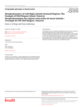 The Example of Ellef Ringnes Island, Nunavut Morphodynamique Des Régions Semi-Arides De Haute Latitude : L’Exemple De L’Île Ellef Ringnes, Nunavut Denis A