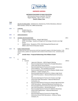 METROPOLITAN BOARD of PUBLIC EDUCATION 2601 Bransford Avenue, Nashville, TN 37204 Regular Meeting – May 13, 2014 - 5:00 P.M