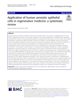 Application of Human Amniotic Epithelial Cells in Regenerative Medicine: a Systematic Review Qiuwan Zhang and Dongmei Lai*