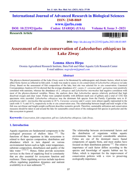 Assessment of in Situ Conservation of Labeobarbus Ethiopicus in Lake Ziway